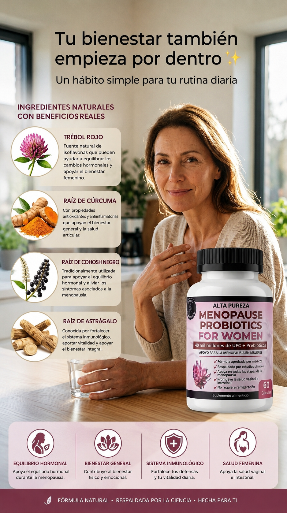 Tu bienestar durante la menopausia, simplificado en una sola cápsula.