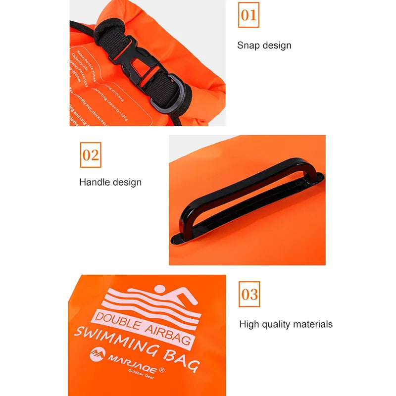 Boya de natación inflable de 20 L (tipo bolsa remolcable) con doble cámara de aire; accesorio de seguridad para deportes acuáticos y natación en aguas abiertas.