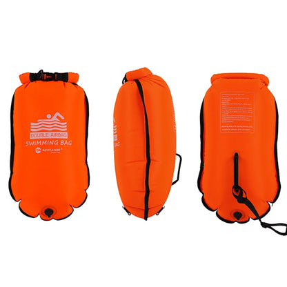 Boya de natación inflable de 20 L (tipo bolsa remolcable) con doble cámara de aire; accesorio de seguridad para deportes acuáticos y natación en aguas abiertas.