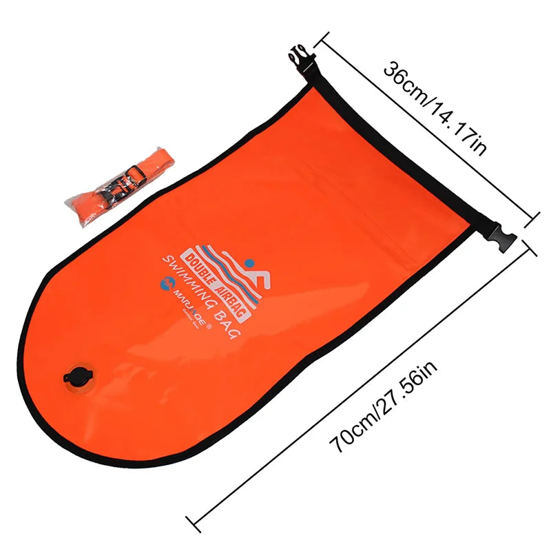 Boya de natación inflable de 20 L (tipo bolsa remolcable) con doble cámara de aire; accesorio de seguridad para deportes acuáticos y natación en aguas abiertas.