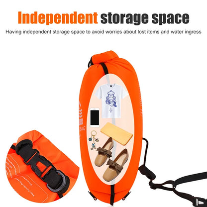 Boya de natación inflable de 20 L (tipo bolsa remolcable) con doble cámara de aire; accesorio de seguridad para deportes acuáticos y natación en aguas abiertas.