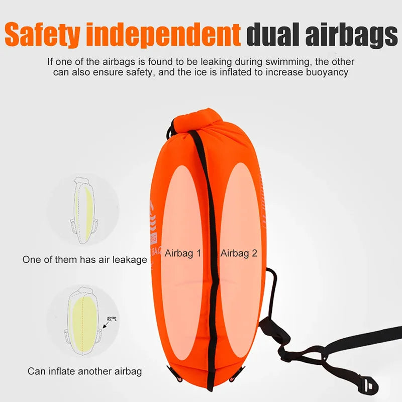 Boya de natación inflable de 20 L (tipo bolsa remolcable) con doble cámara de aire; accesorio de seguridad para deportes acuáticos y natación en aguas abiertas.