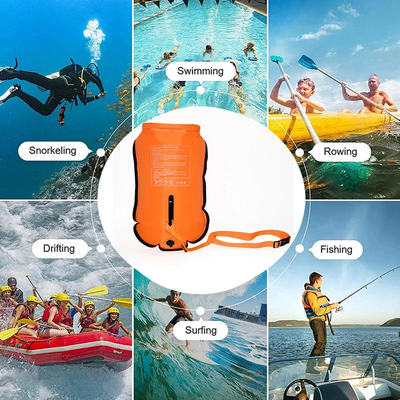Boya de natación inflable de 20 L (tipo bolsa remolcable) con doble cámara de aire; accesorio de seguridad para deportes acuáticos y natación en aguas abiertas.