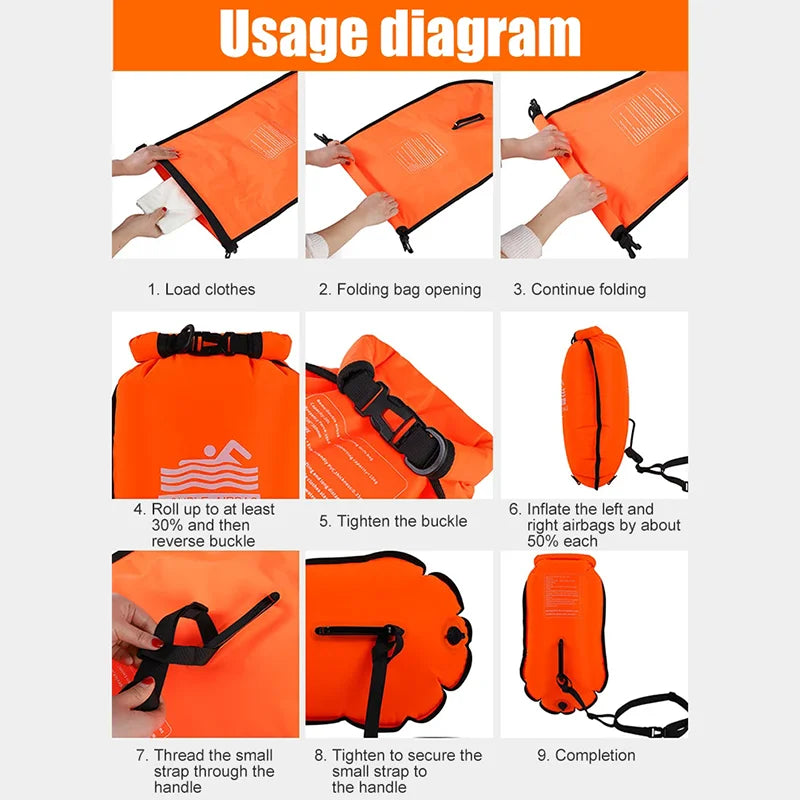 Boya de natación inflable de 20 L (tipo bolsa remolcable) con doble cámara de aire; accesorio de seguridad para deportes acuáticos y natación en aguas abiertas.